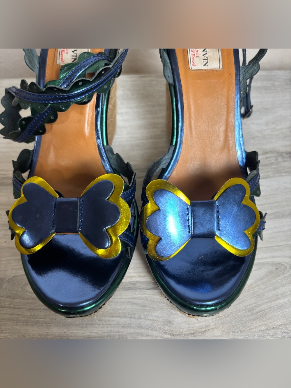 Lanvin Metallic Butterfly Bow Platform Wedge Sandals Green Blue 41 Sz 10 - Picture 4 of 9
